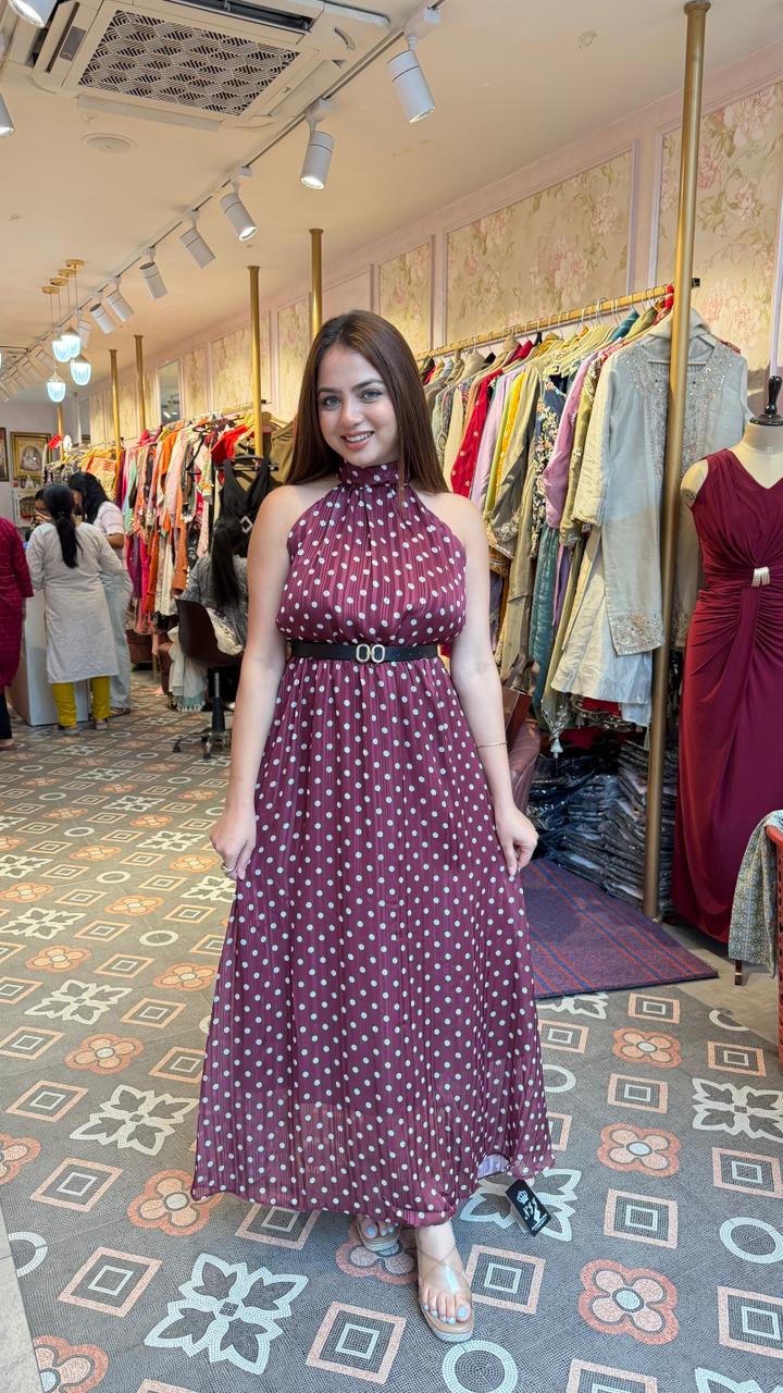 Burgundy Polka Dot Pleated Maxi Dress