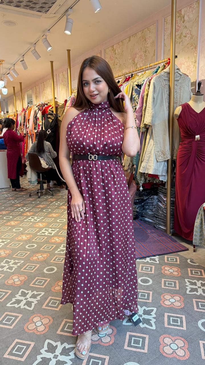 Burgundy Polka Dot Pleated Maxi Dress