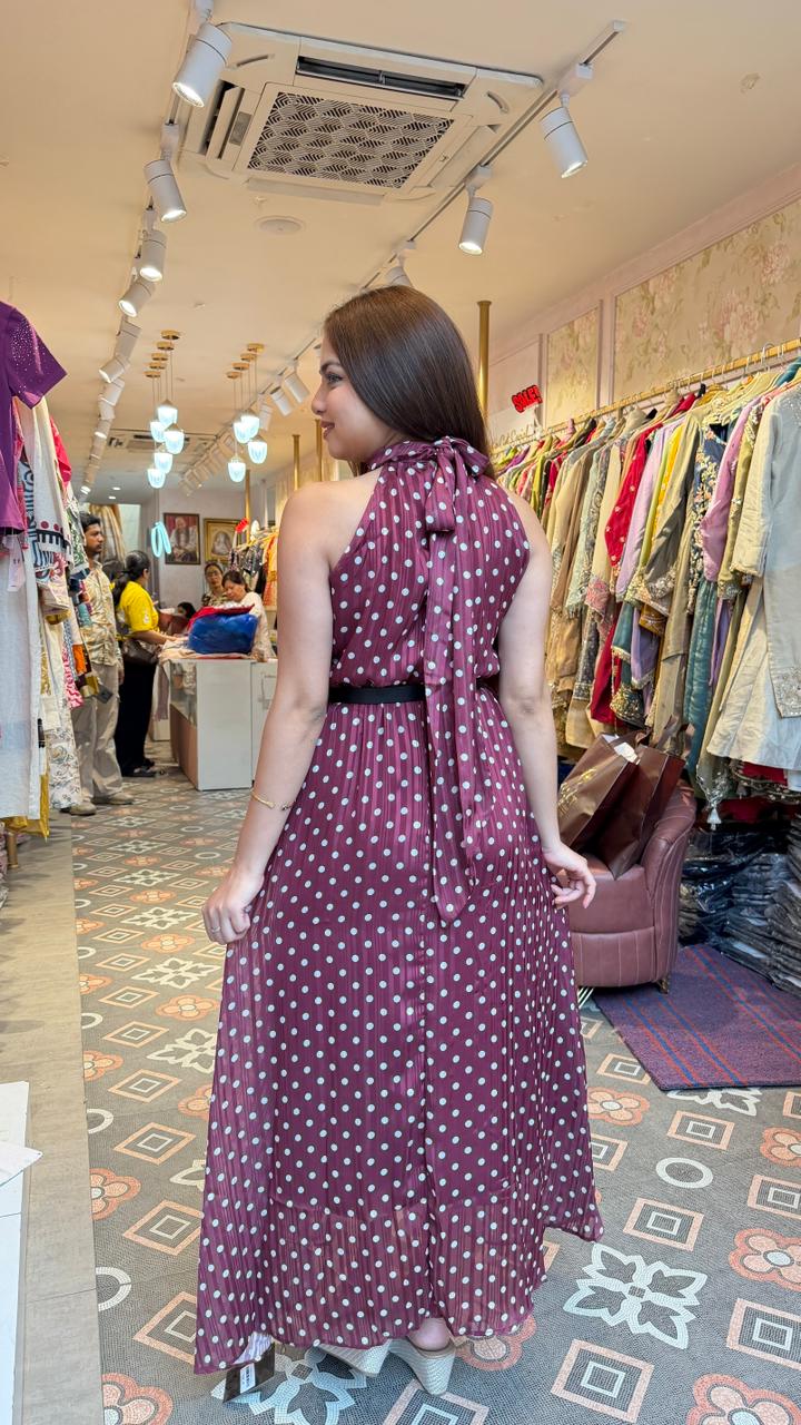Burgundy Polka Dot Pleated Maxi Dress