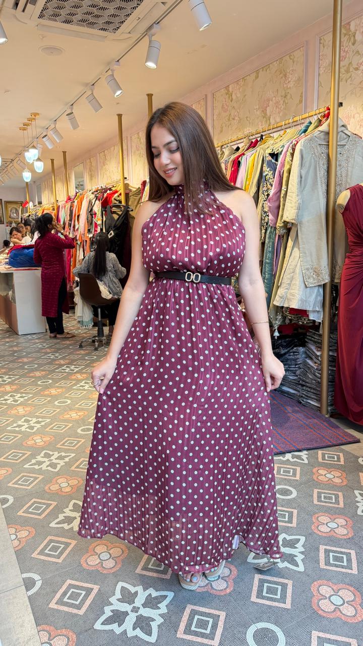 Burgundy Polka Dot Pleated Maxi Dress