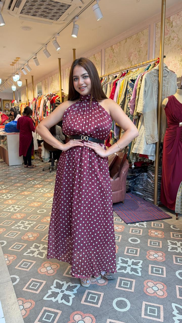 Burgundy Polka Dot Pleated Maxi Dress