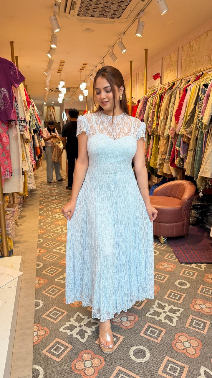 Premium Lace Net Flare Maxi Dress