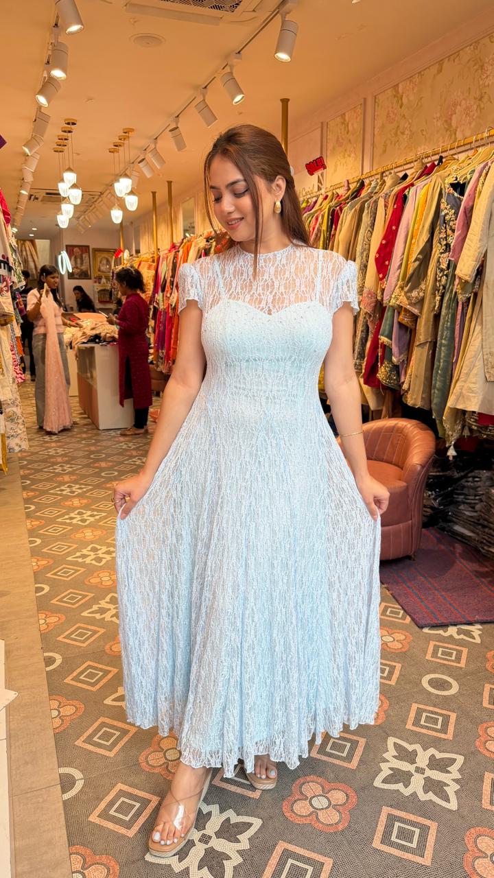 Premium Lace Net Flare Maxi Dress