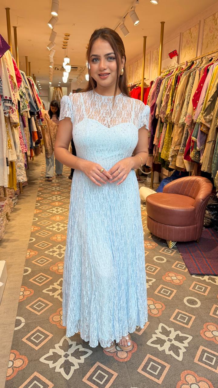 Premium Lace Net Flare Maxi Dress