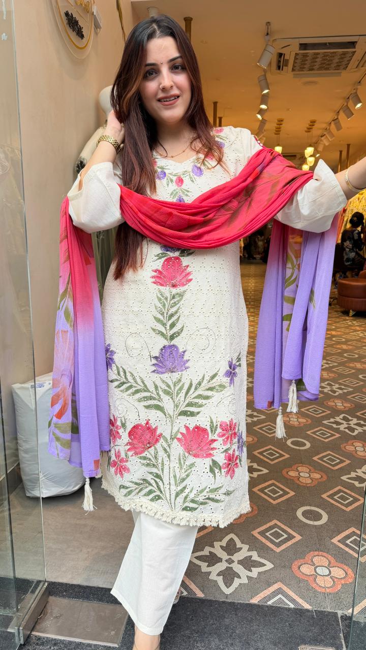 off-white Floral Print Kurta Set