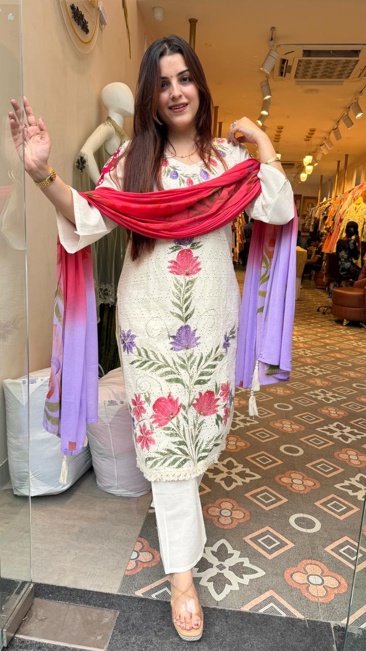 off-white Floral Print Kurta Set