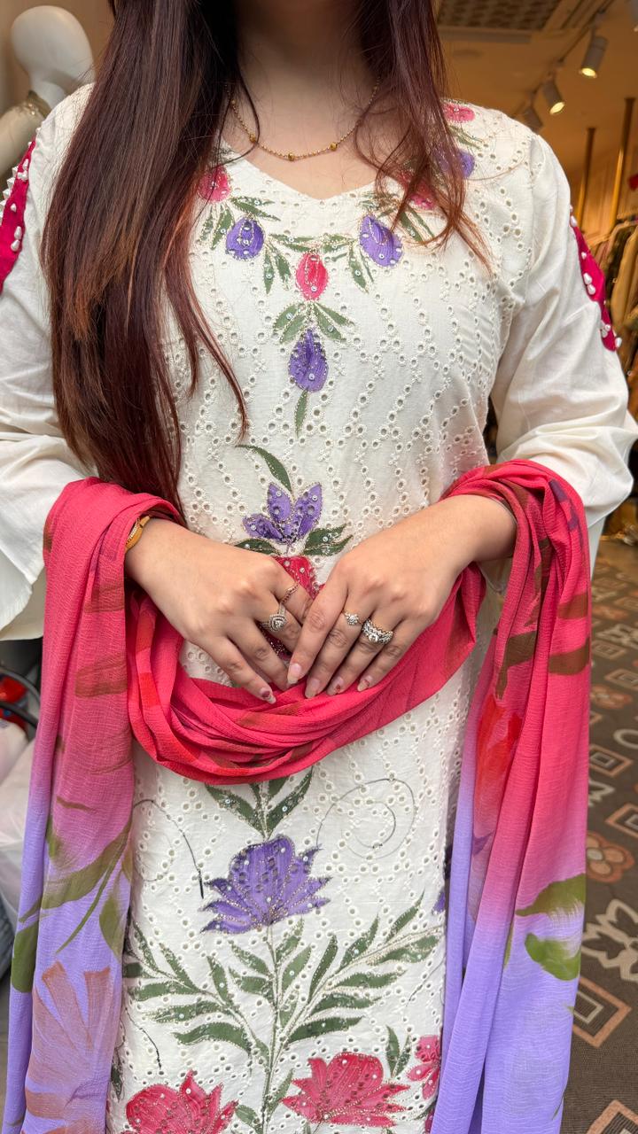 off-white Floral Print Kurta Set