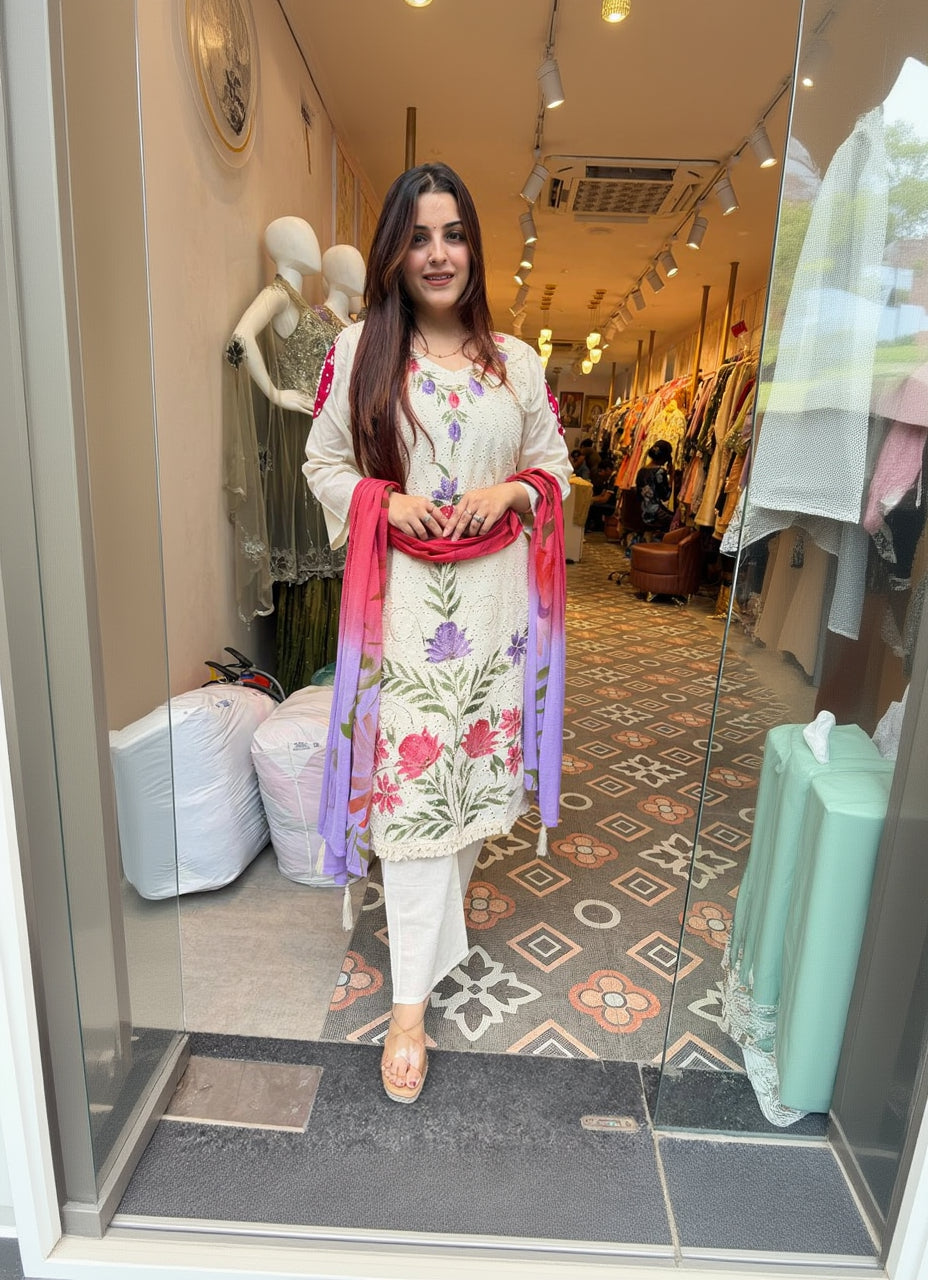 off-white Floral Print Kurta Set