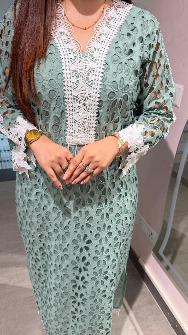 Mint Elegance Schiffli Lace Kurti Set