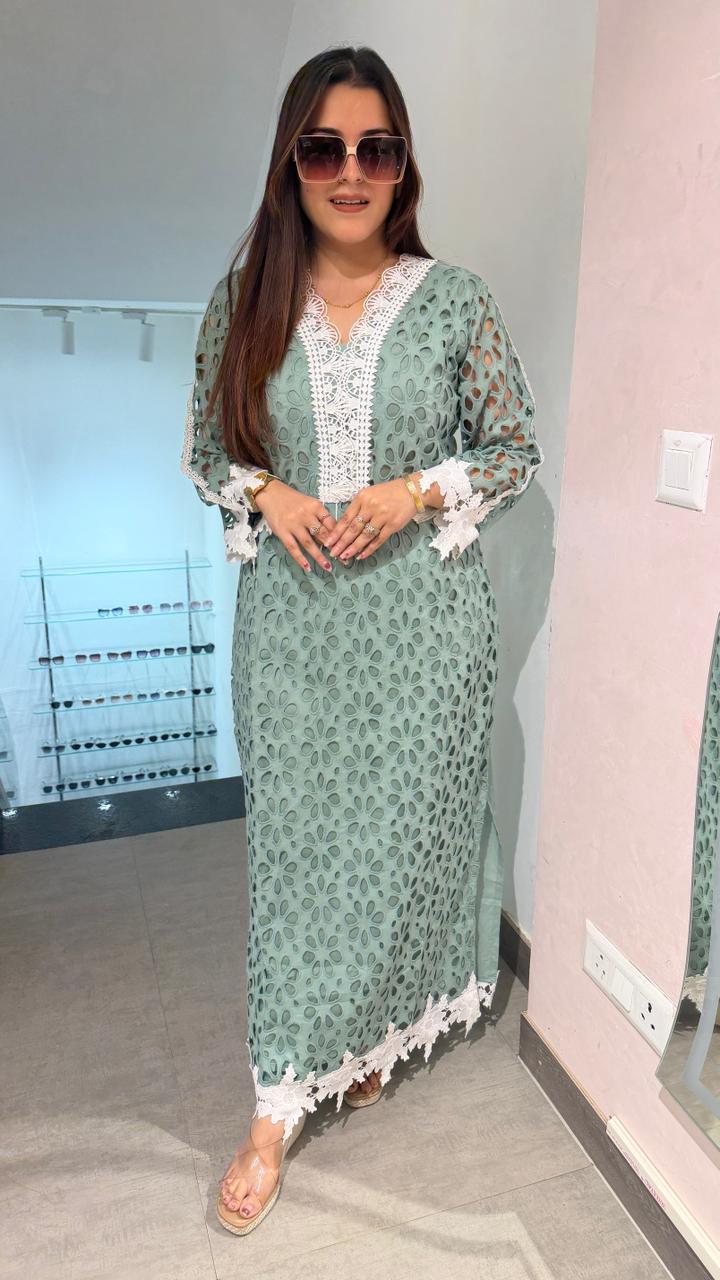 Mint Elegance Schiffli Lace Kurti Set