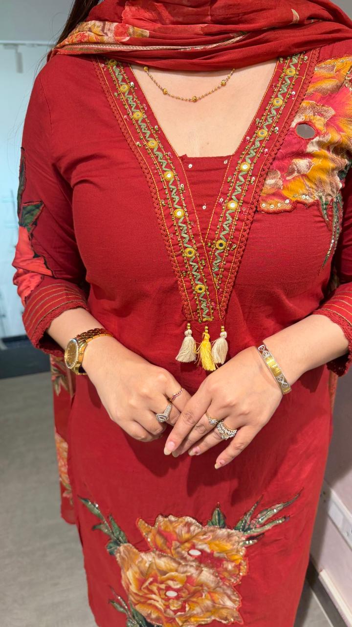 Crimson Blossom Mirror Pearl Embroidered Suit Set