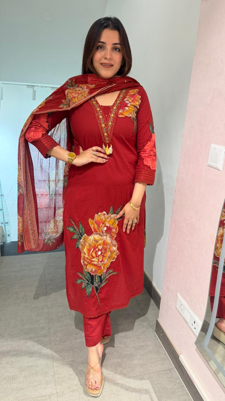 Crimson Blossom Mirror Pearl Embroidered Suit Set