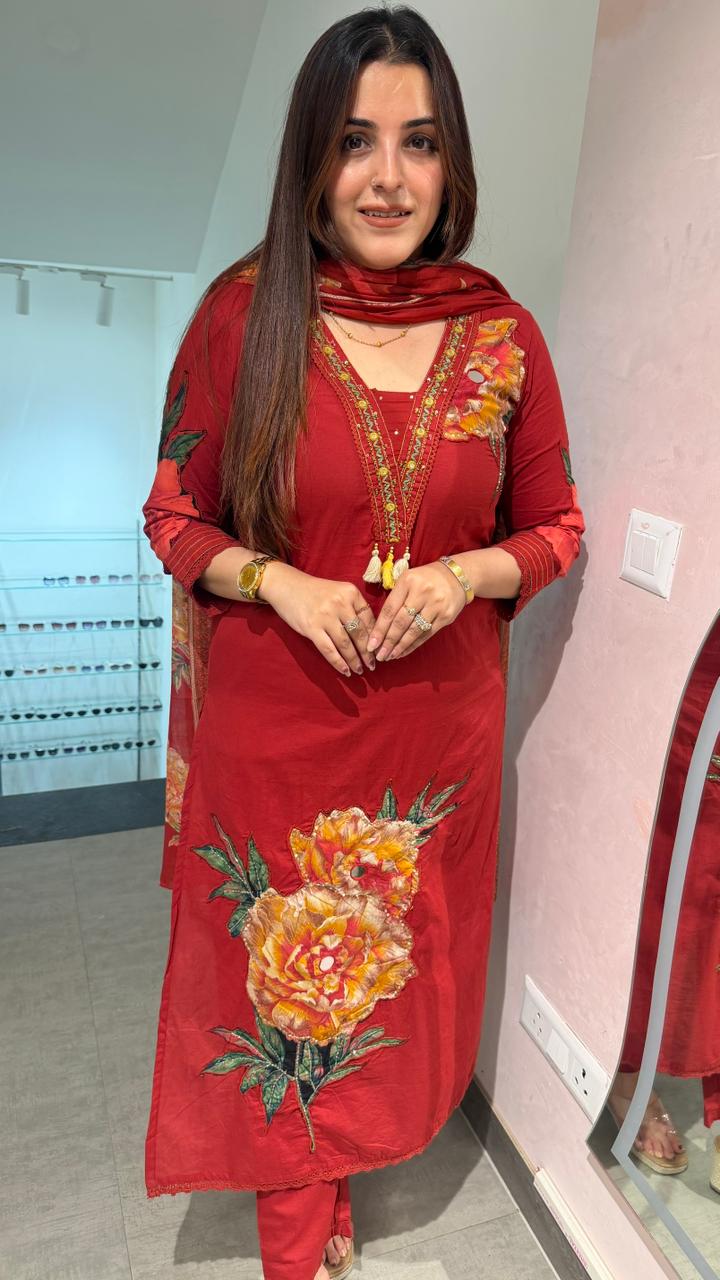 Crimson Blossom Mirror Pearl Embroidered Suit Set