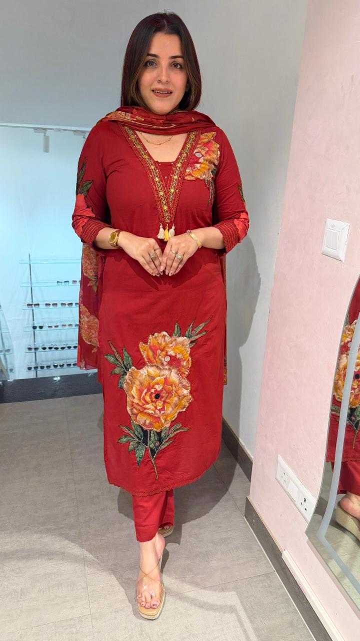 Crimson Blossom Mirror Pearl Embroidered Suit Set