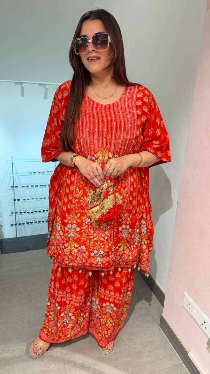 Ruby Blossom Mirror Pearl Kaftan Set