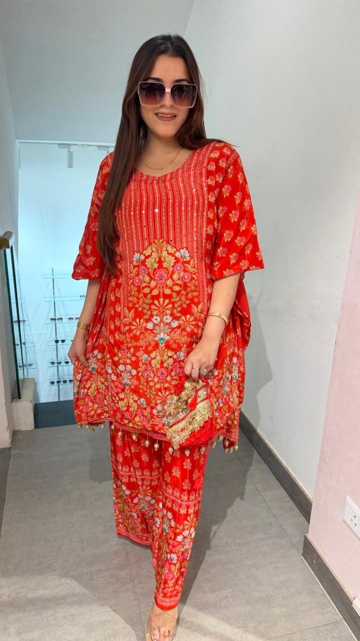 Ruby Blossom Mirror Pearl Kaftan Set