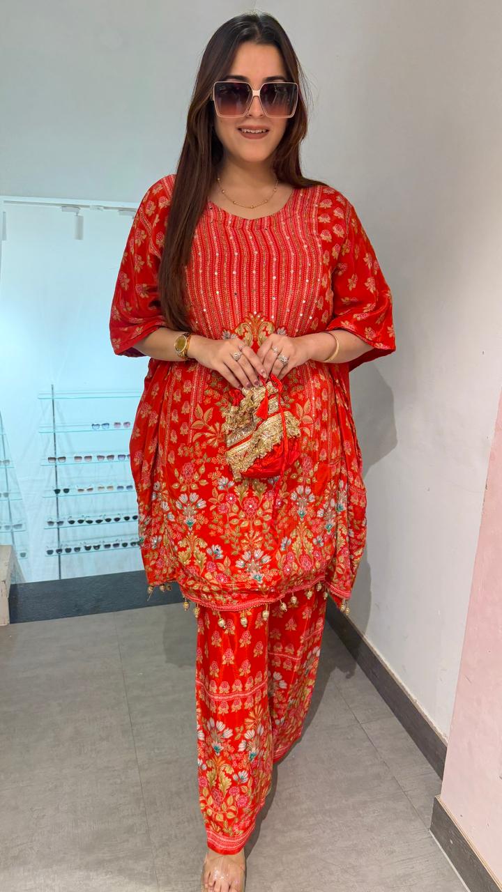 Ruby Blossom Mirror Pearl Kaftan Set
