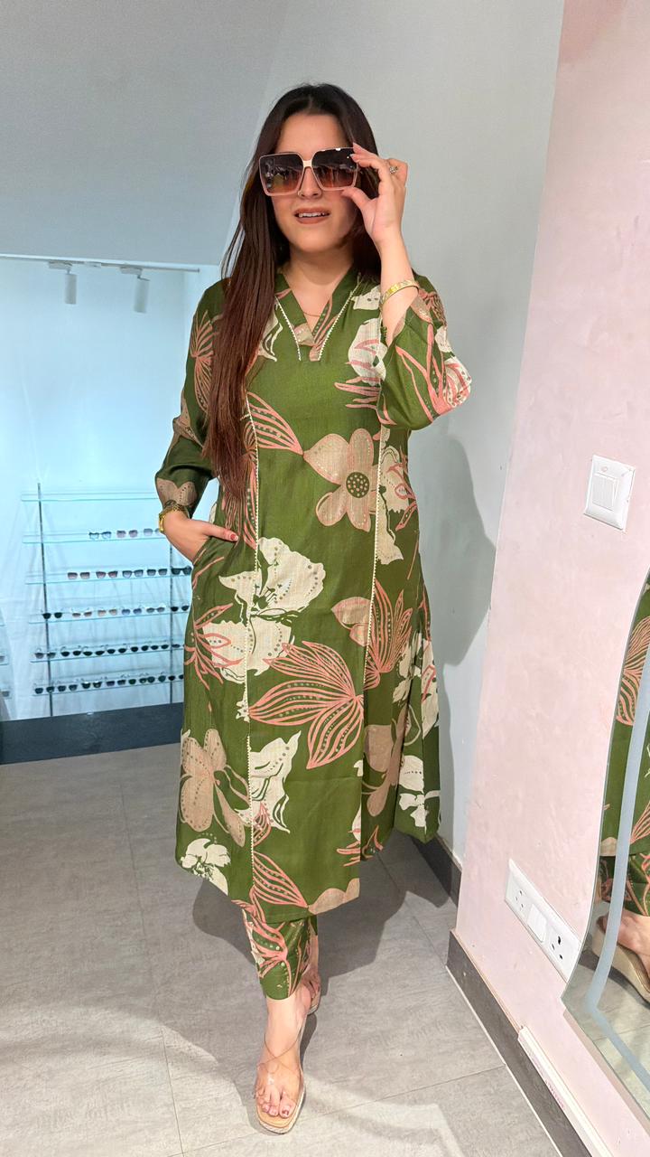 Olive Bloom Printed Co-ord Kurta Set