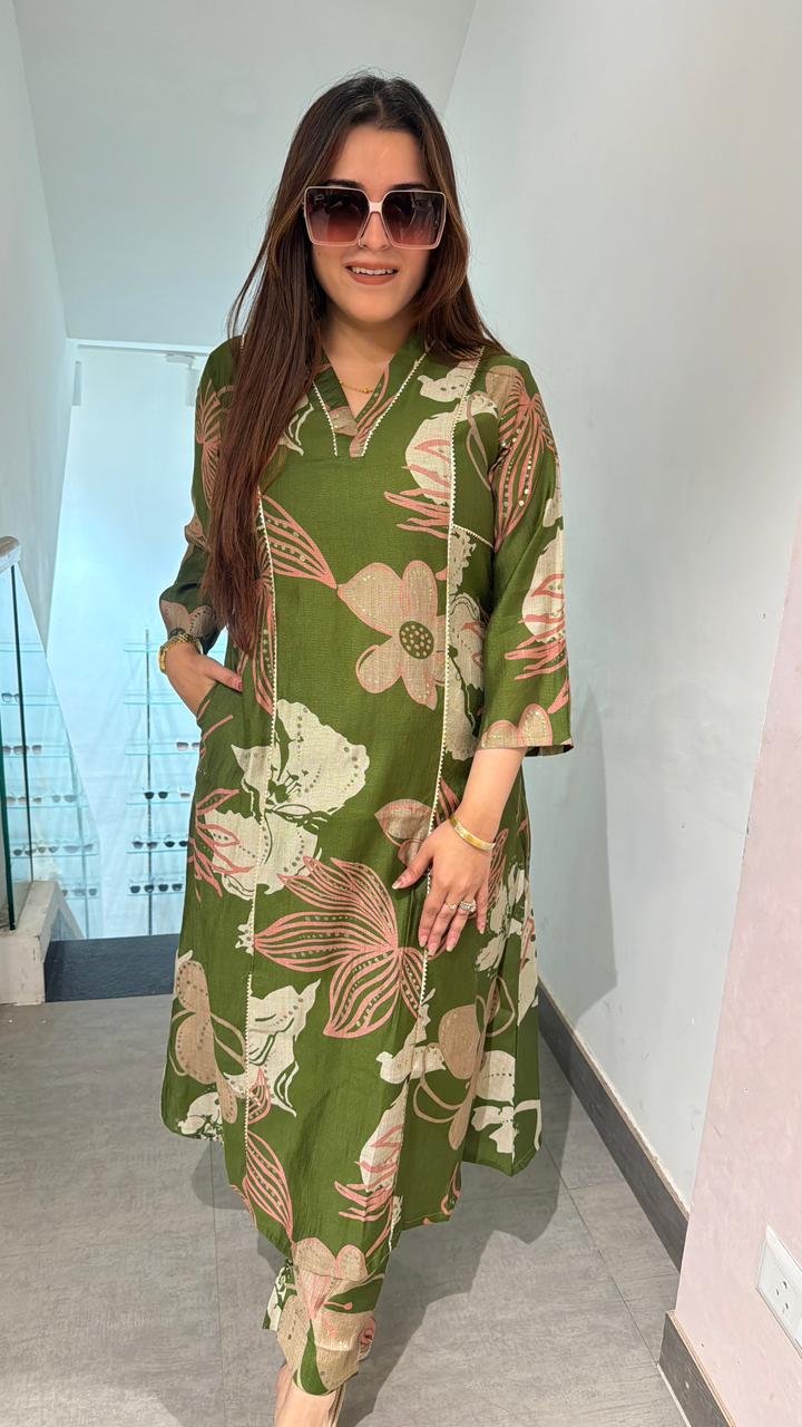 Olive Bloom Printed Co-ord Kurta Set