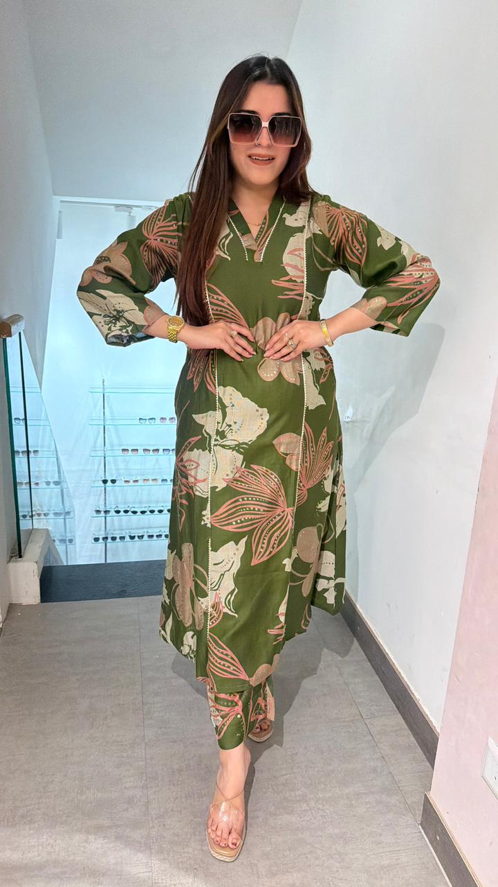 Olive Bloom Printed Co-ord Kurta Set