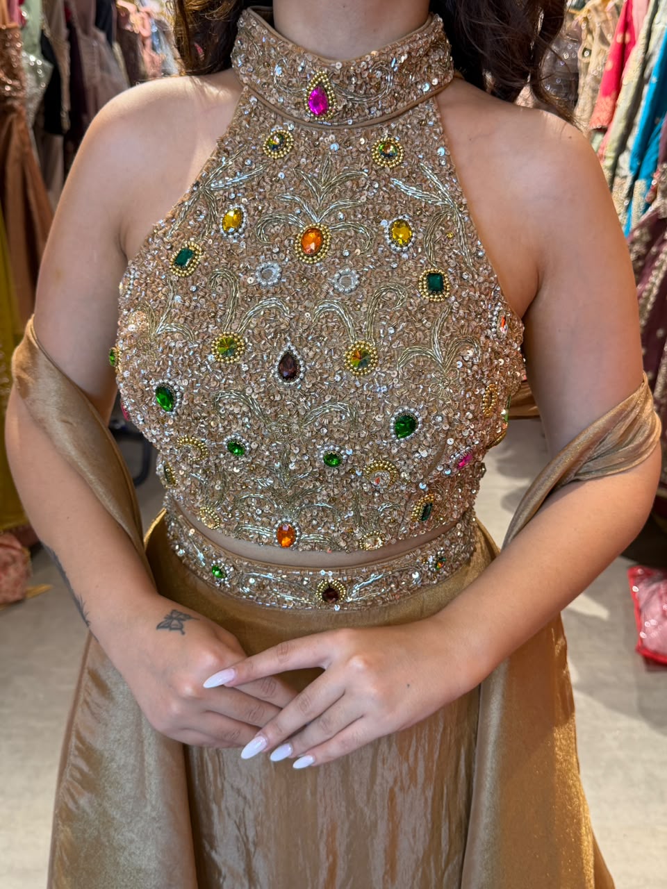 High-Neck Crop Blouse with Flared Lehenga