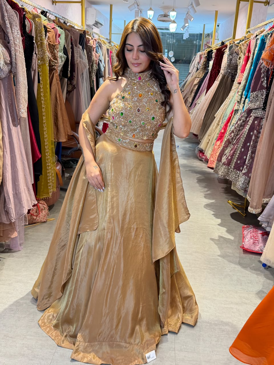 High-Neck Crop Blouse with Flared Lehenga
