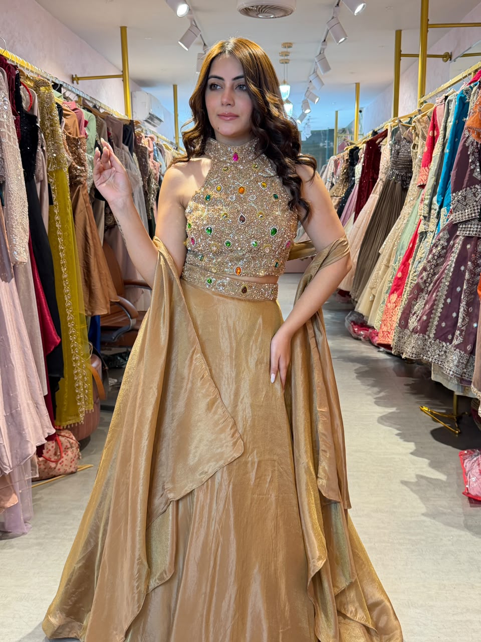 High-Neck Crop Blouse with Flared Lehenga
