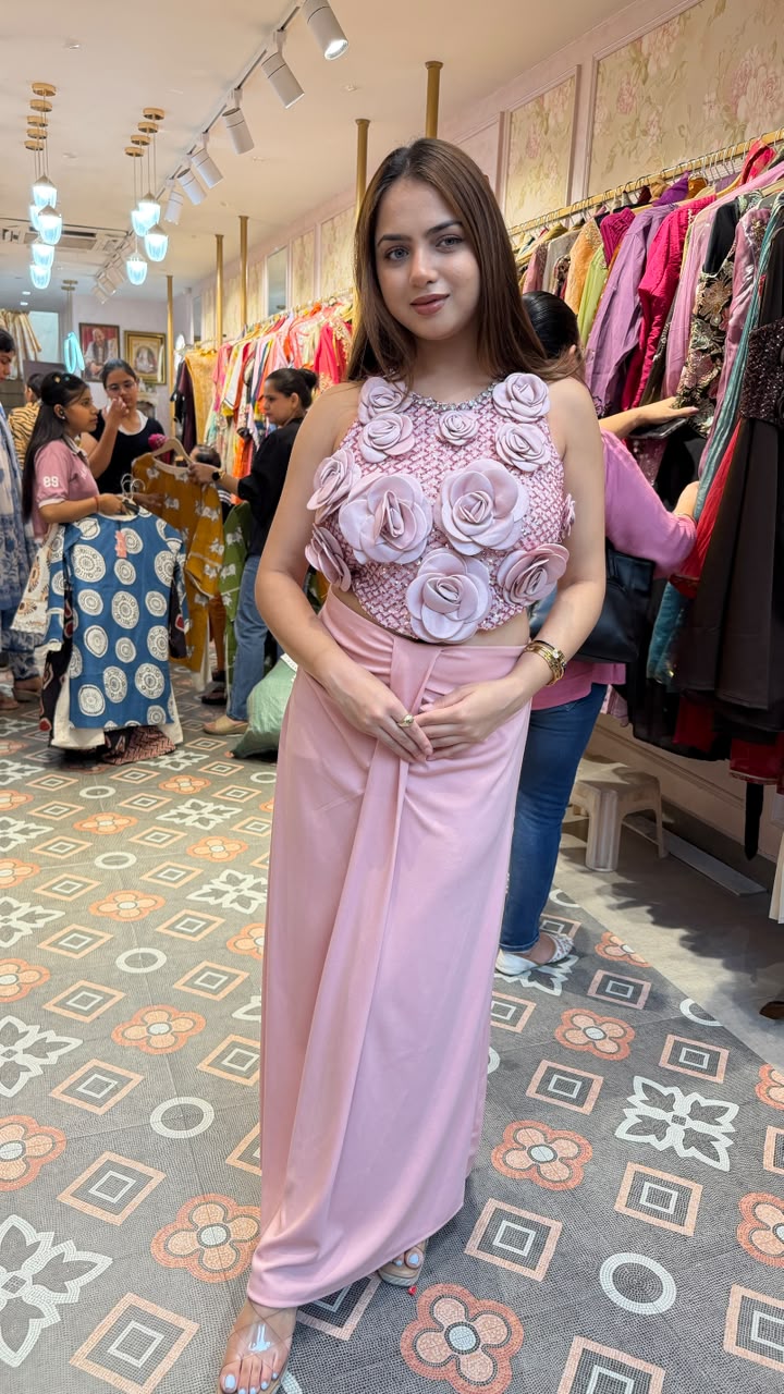 3D Flower Embellished Crop Top with Skirt Set