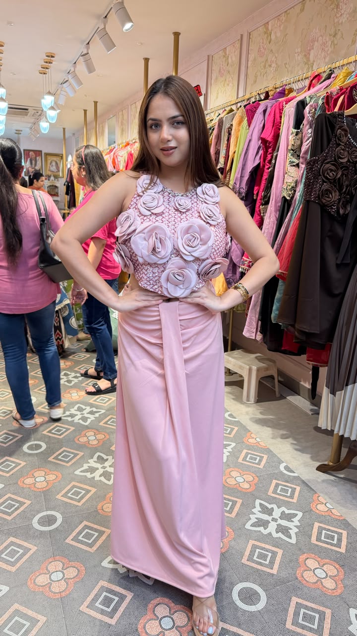 3D Flower Embellished Crop Top with Skirt Set