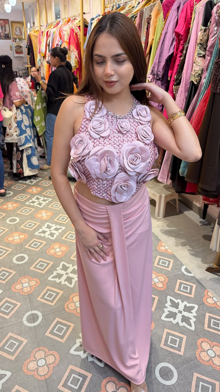 3D Flower Embellished Crop Top with Skirt Set