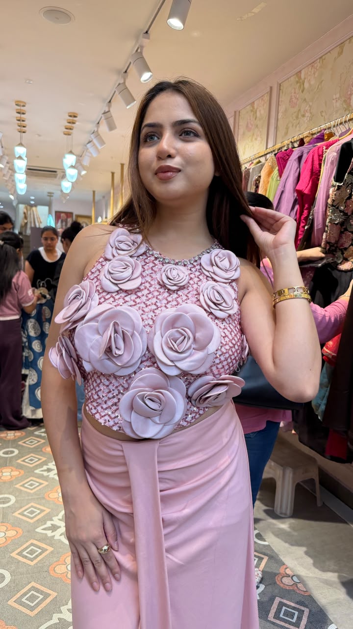 3D Flower Embellished Crop Top with Skirt Set