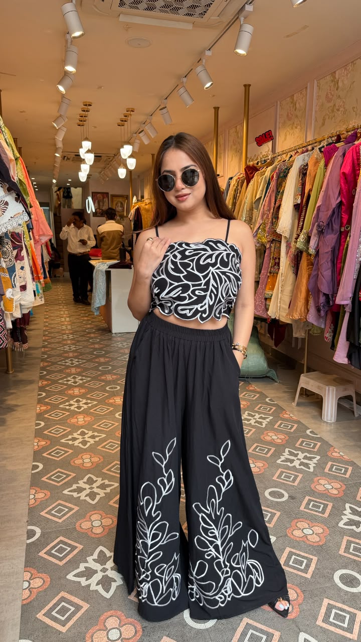 Thread Embroidered Crop Top Palazzo Co-ord Set