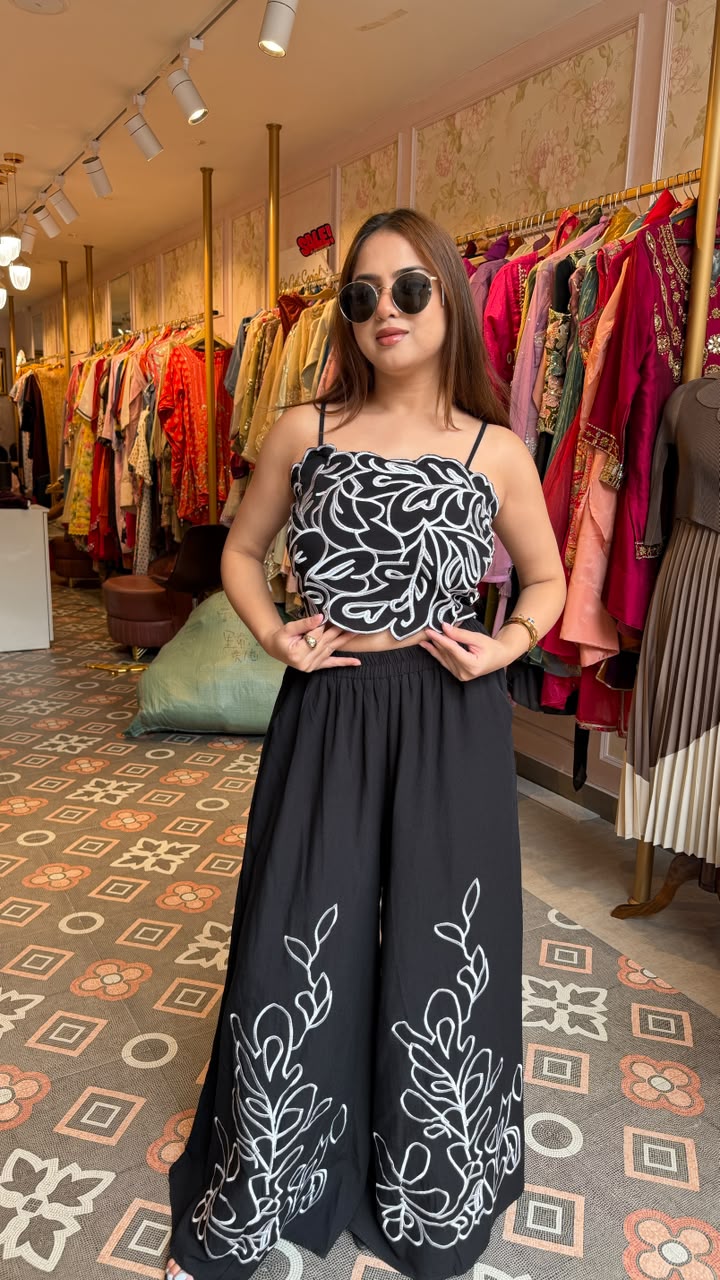 Thread Embroidered Crop Top Palazzo Co-ord Set