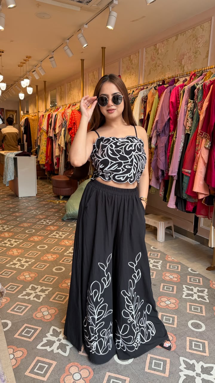 Thread Embroidered Crop Top Palazzo Co-ord Set