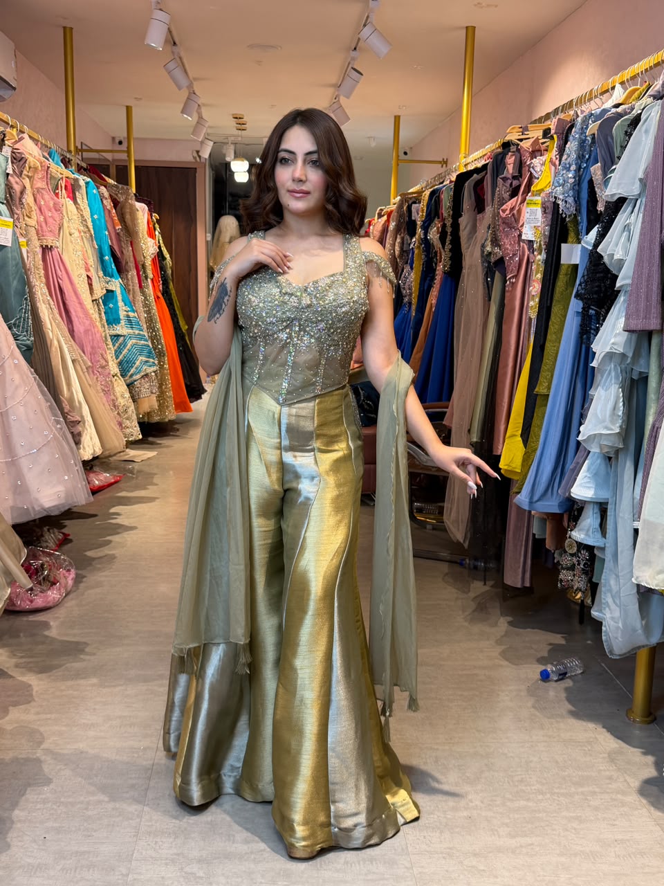 Blouse with flowy layered sharara pants and matching dupatta
