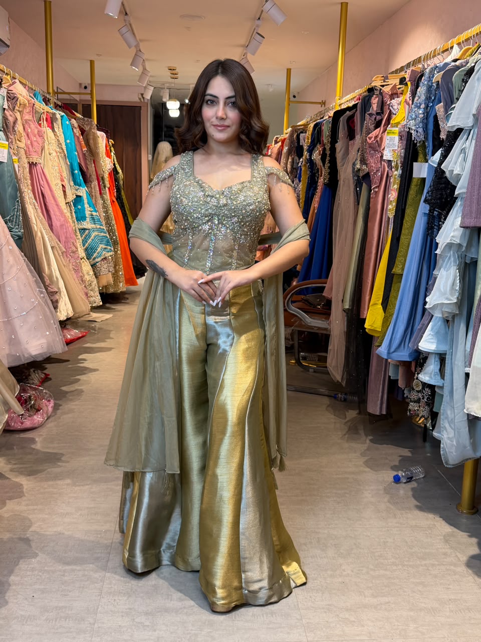 Blouse with flowy layered sharara pants and matching dupatta
