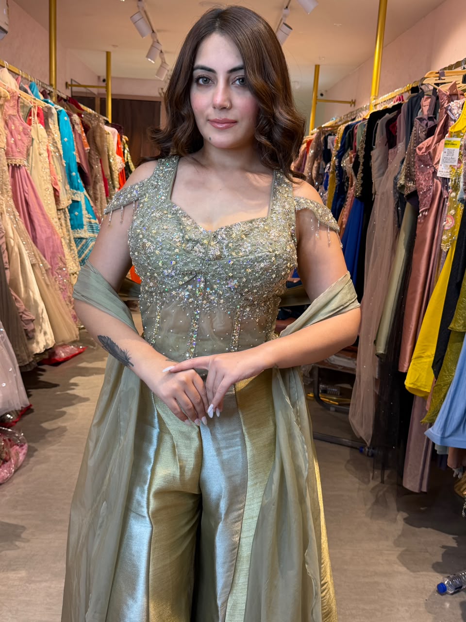 Blouse with flowy layered sharara pants and matching dupatta