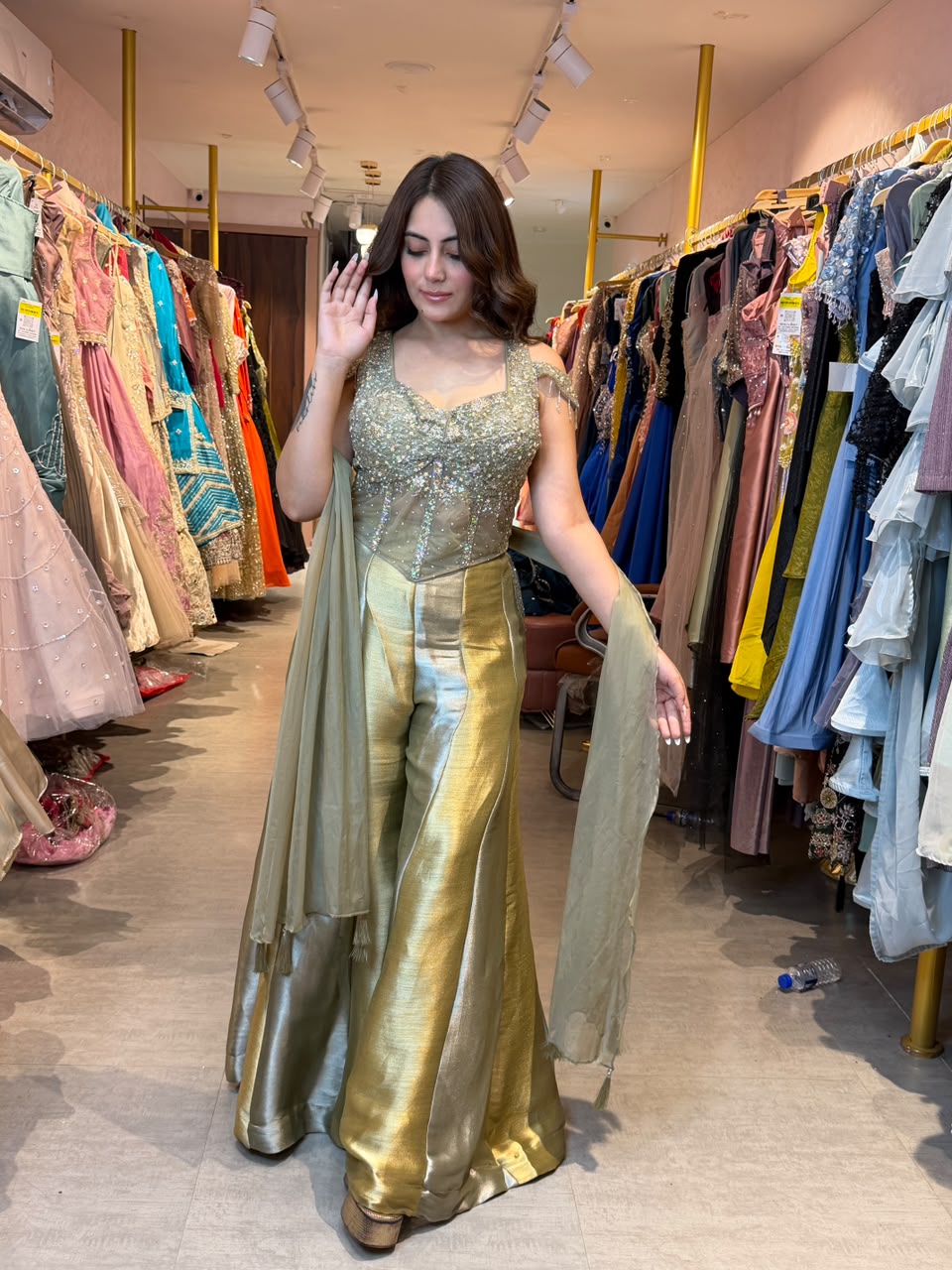 Blouse with flowy layered sharara pants and matching dupatta