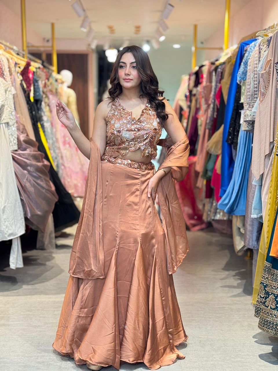 Flared A-Line Lehenga with Embellished Crop Blouse & Dupatta