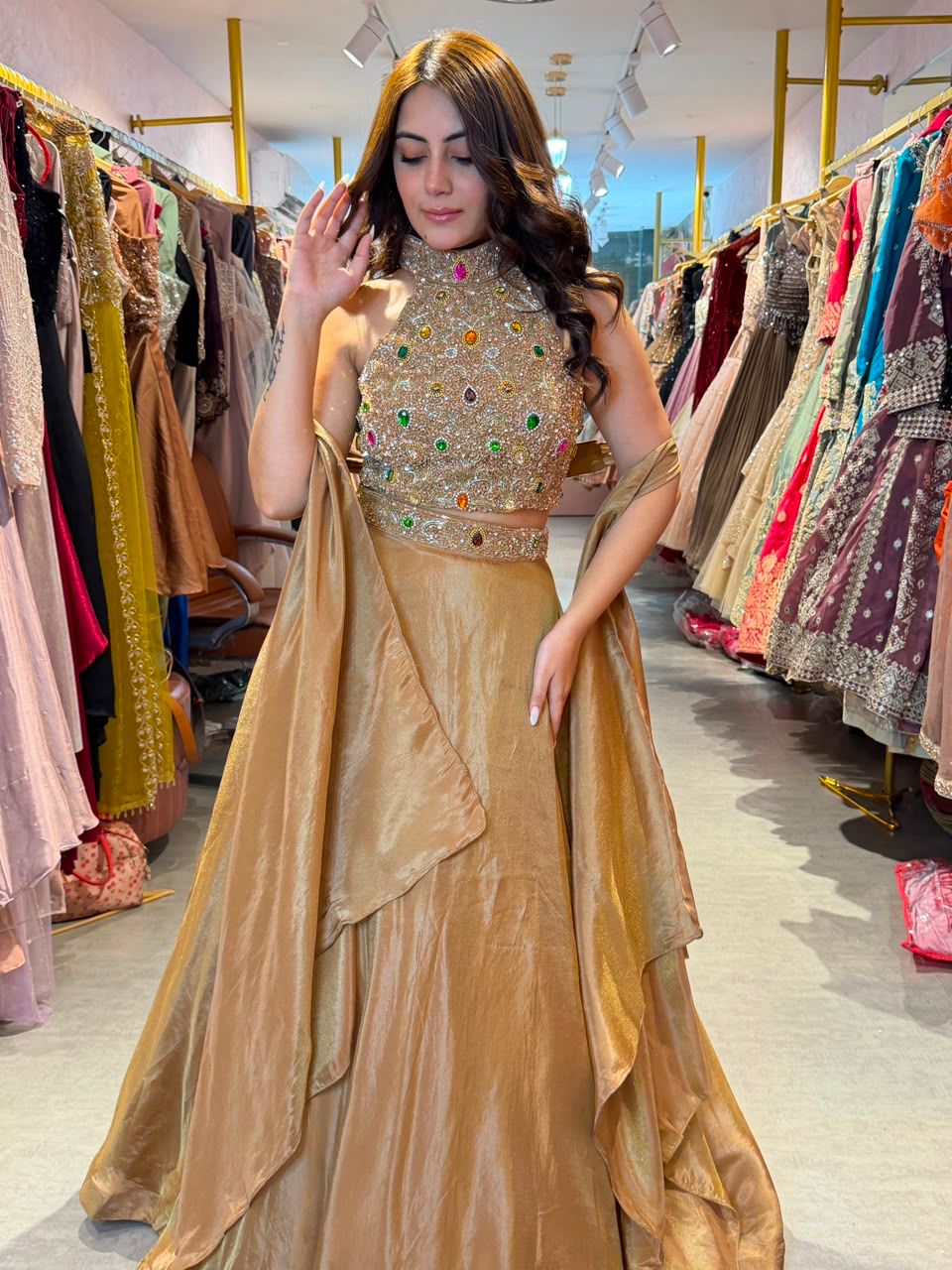 High-Neck Crop Blouse with Flared Lehenga