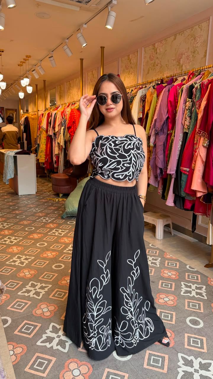 Thread Embroidered Crop Top Palazzo Co-ord Set