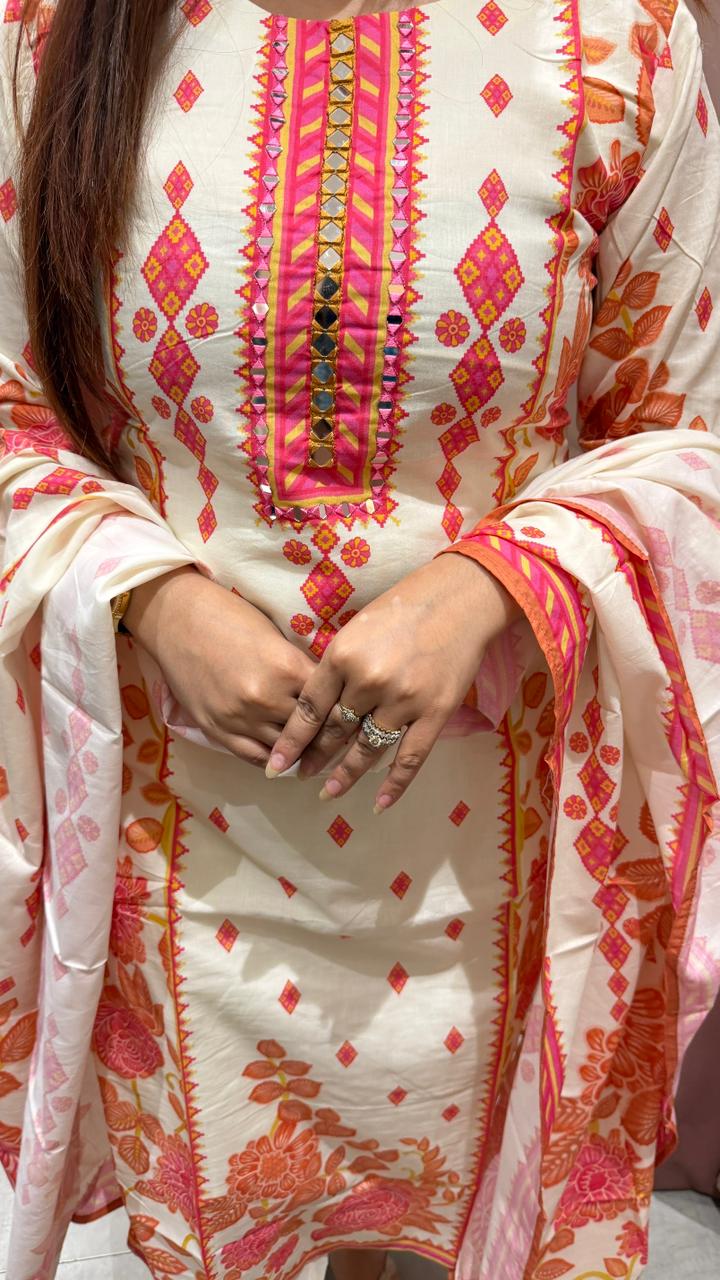 White cotton printed kurta set with dupatta