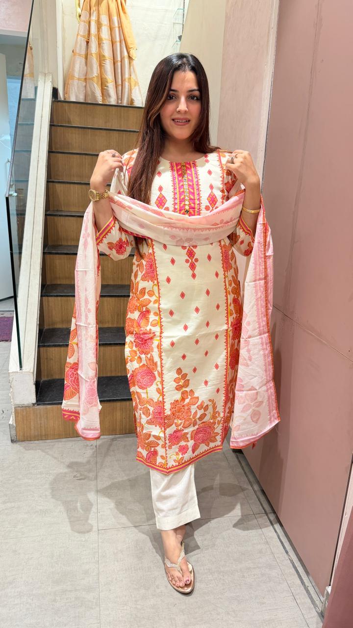 White cotton printed kurta set with dupatta