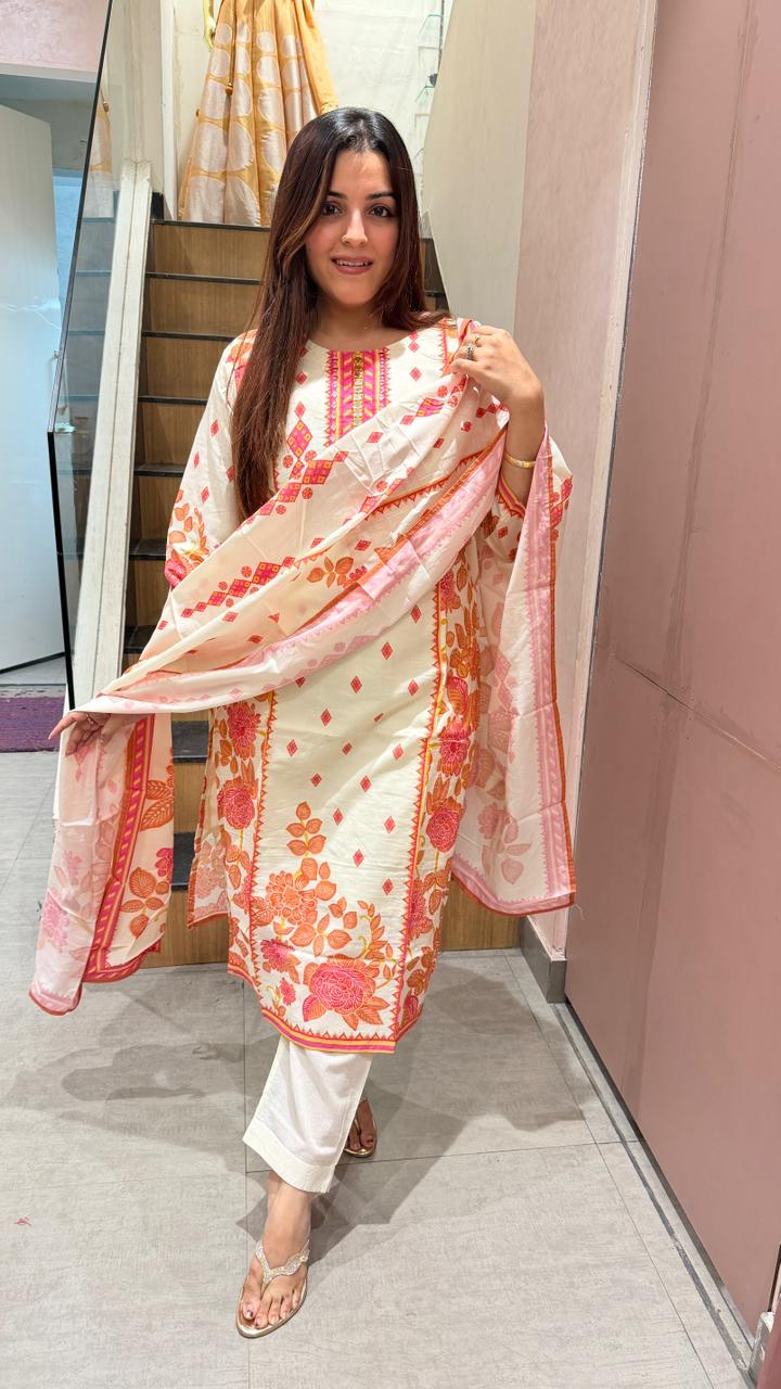 White cotton printed kurta set with dupatta