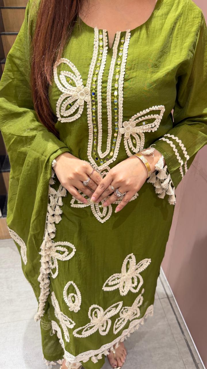 Olive green floral thread work kurta set with dupatta