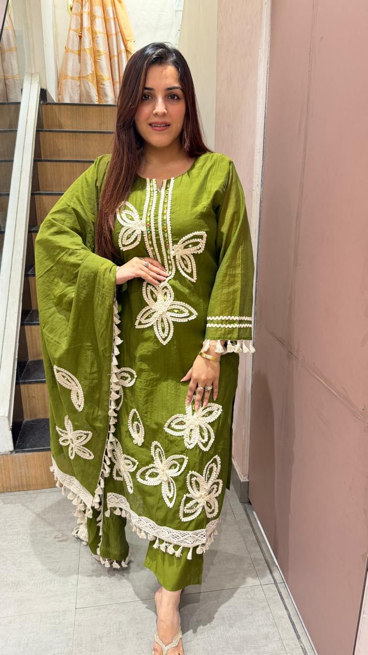 Olive green floral thread work kurta set with dupatta