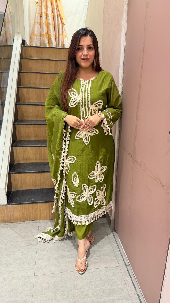 Olive green floral thread work kurta set with dupatta
