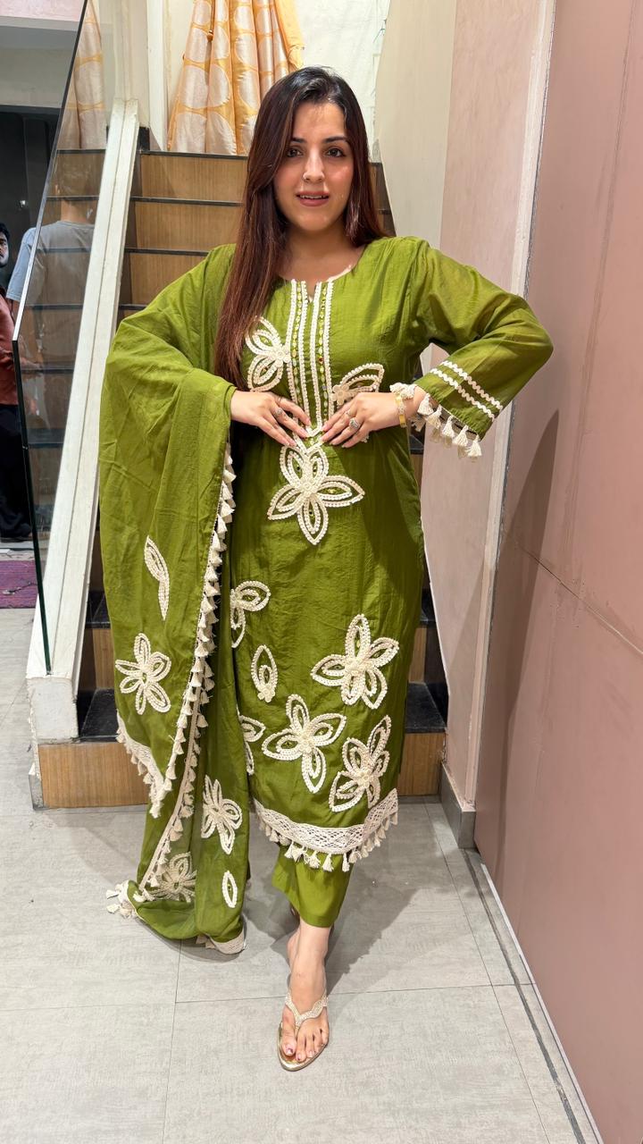 Olive green floral thread work kurta set with dupatta