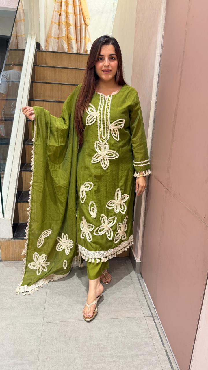 Olive green floral thread work kurta set with dupatta