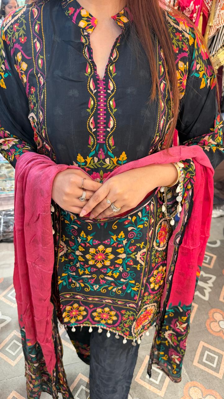 Black floral thread work kurta set with dupatta